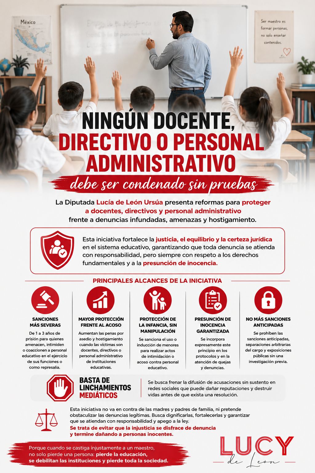 ¡YA ES UN HECHO, SE APROBÓ LA INICIATIVA!»Ningún docente debe ser condenado sin pruebas: la Diputada Lucía de León Ursúa presentó reformas para proteger a Docentes, Directivos y Personal Administrativo».